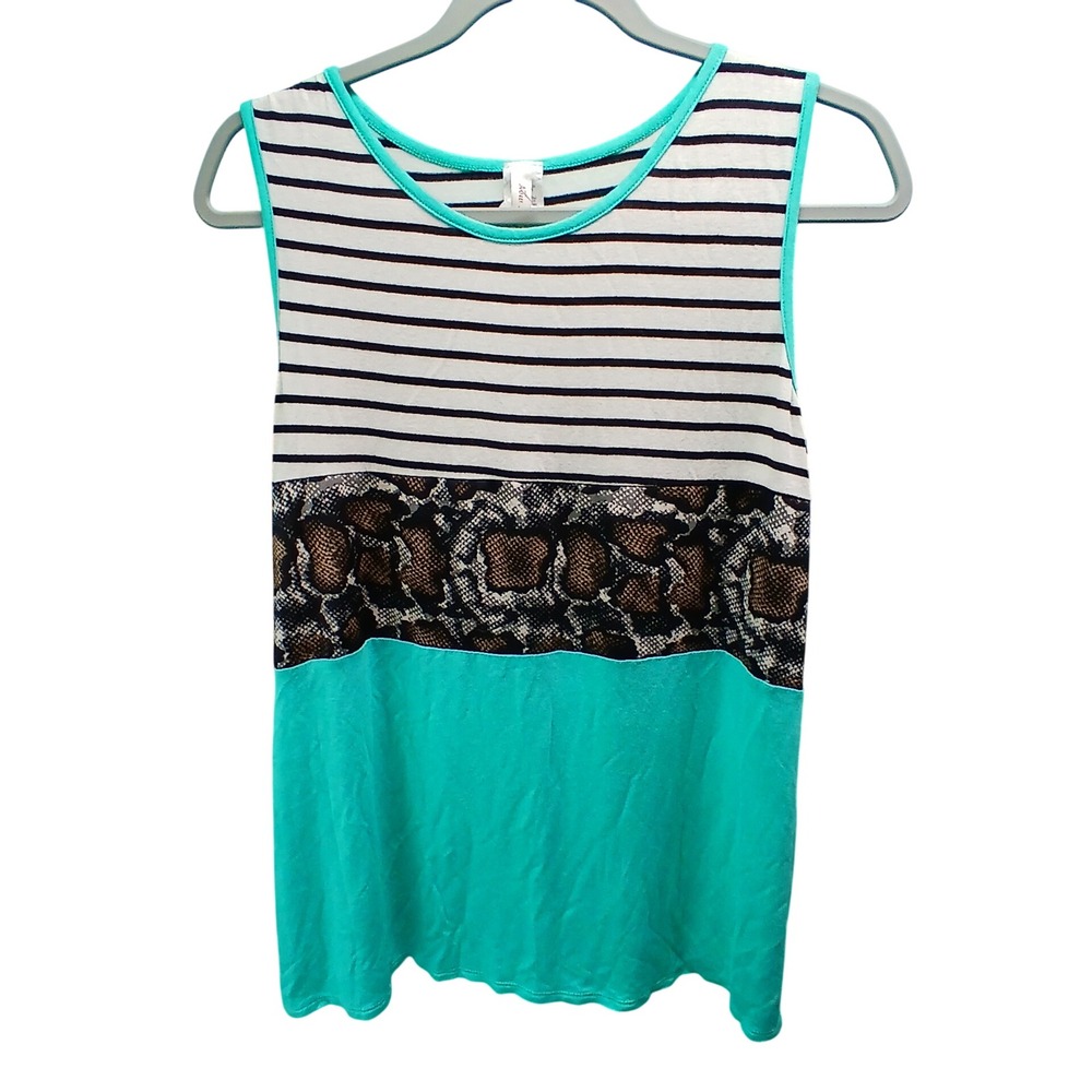 Now N Forever Tank Top L Teal Striped Snakeskin‎ Colorblock Sleeveless T2440